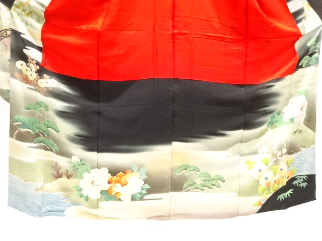  大正ロマン　錦紗草花に幕・御所車模様刺繍五つ紋花嫁衣装振袖3枚重ね